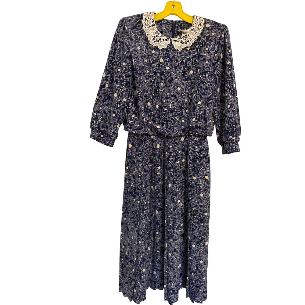 Vintage 80s VLP Petites Lace Collar Polka Dot Midi Dress‎ Cottagecore Prairie
